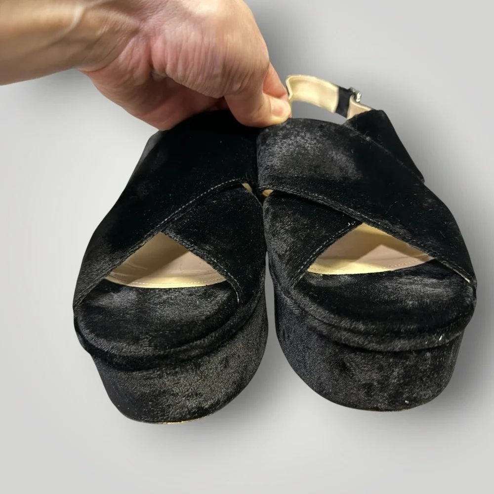 Theory Black Velvet Platform Wedge Slingback Sandals Made in‎ Italy Size 40.5
